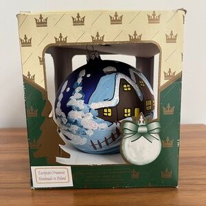 CHRISTMAS Ornament Mouthblown Glass Handpainted Made Poland Country Snow Scene